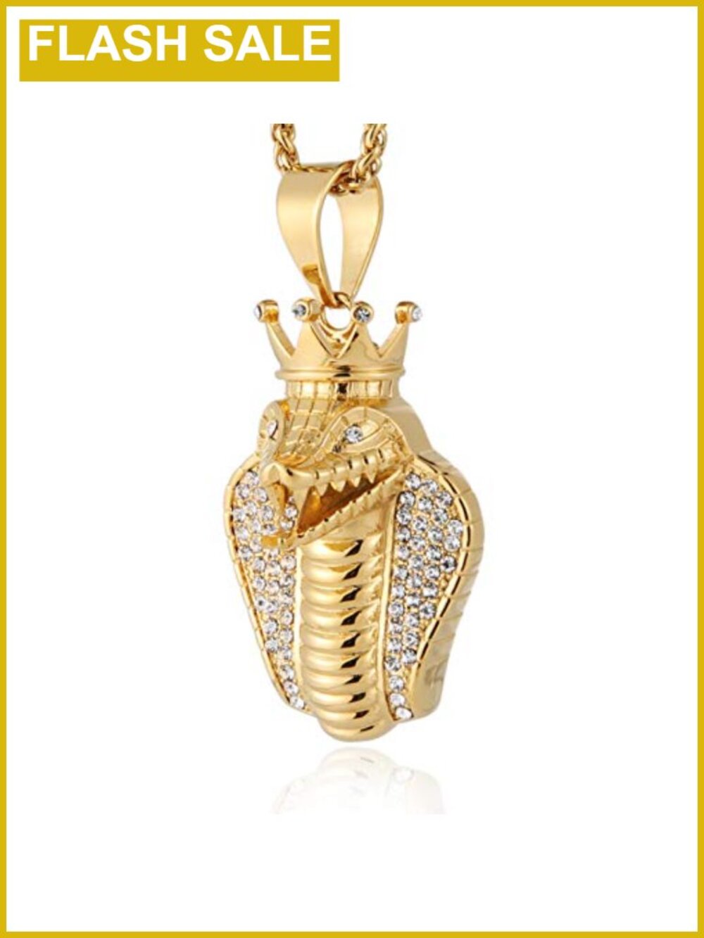 18k Gold Plated CZ Cobra King Stainless Steel Pendant Necklace Hip Hop Chain